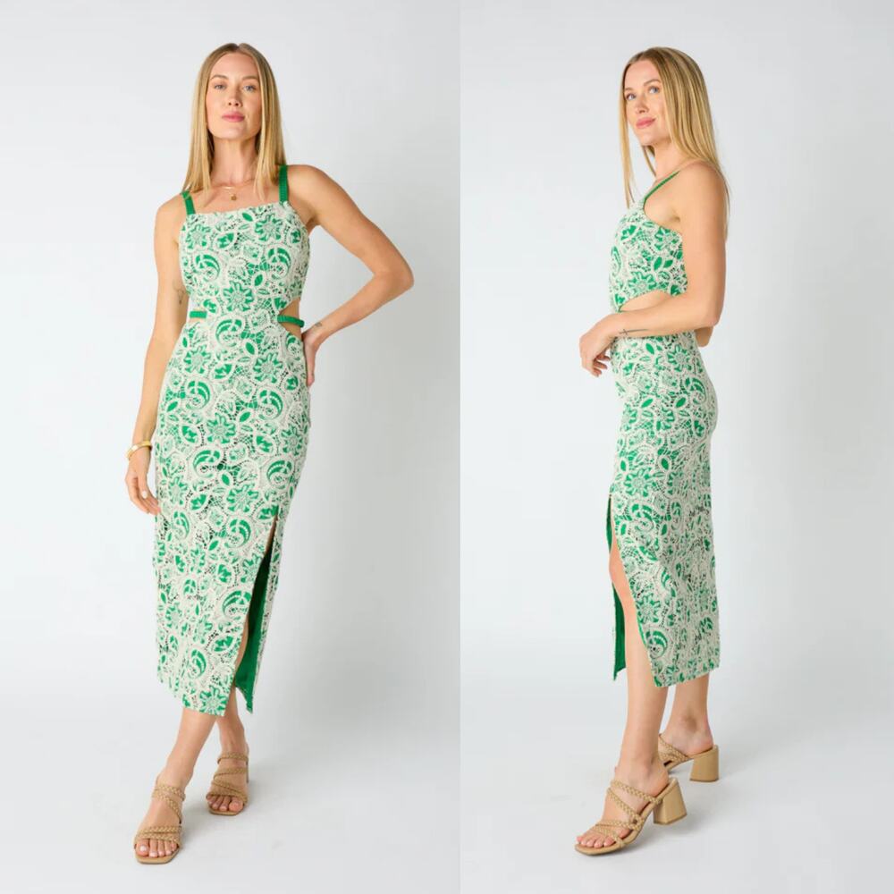 vestique Green and White crocheted Midi Dress